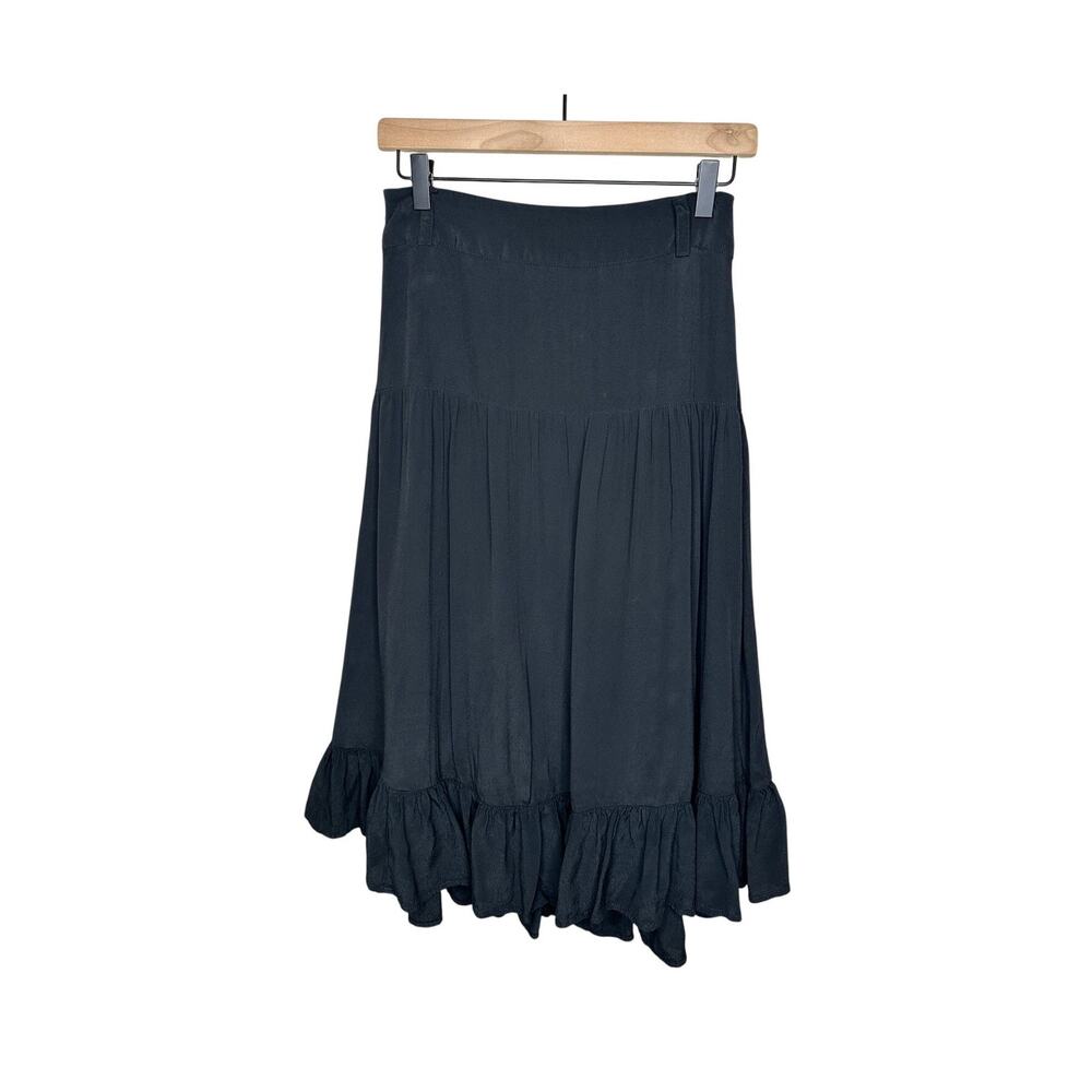 Banana Republic Tiered Midi Skirt Womens 2P Petite Black A-Line Lined Viscose
